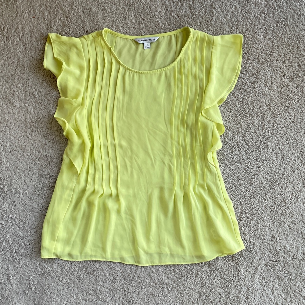 Counterparts Lemon Yellow Semi-Sheer Ruffled Short Sleeve Blouse Top Size Small
